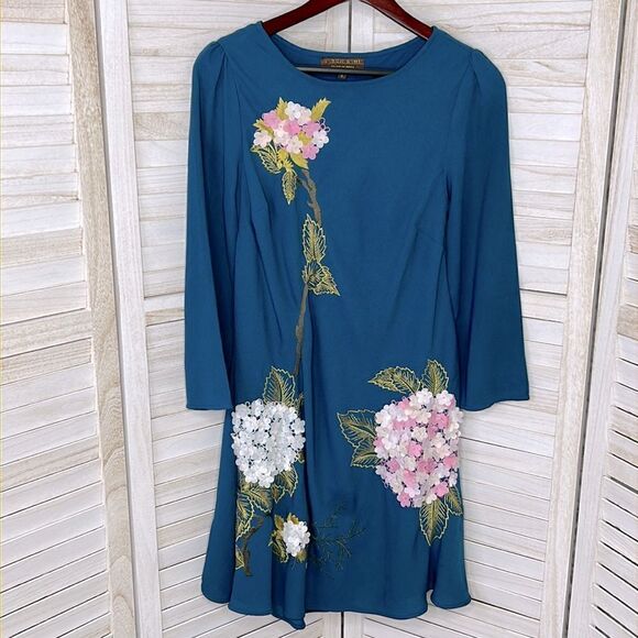 Anthropologie Varun Bahl Teal Hydrangea Swing Dress 2 - Picture 2 of 12